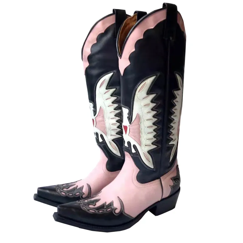 2023 Pinkpointe toe thick heel V mouth cowgirl boots  knee boots all-match embroidery high tube thin fashion boots women