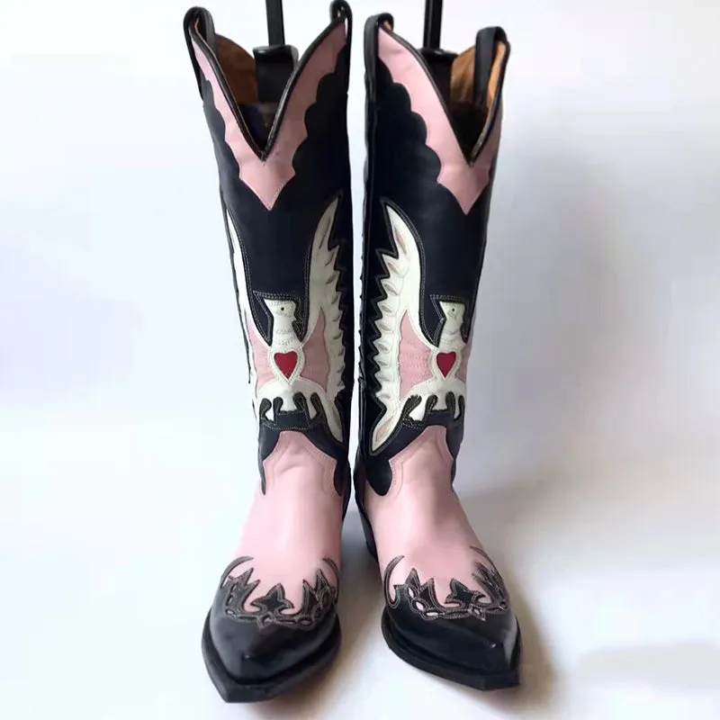 2023 Pinkpointe toe thick heel V mouth cowgirl boots  knee boots all-match embroidery high tube thin fashion boots women