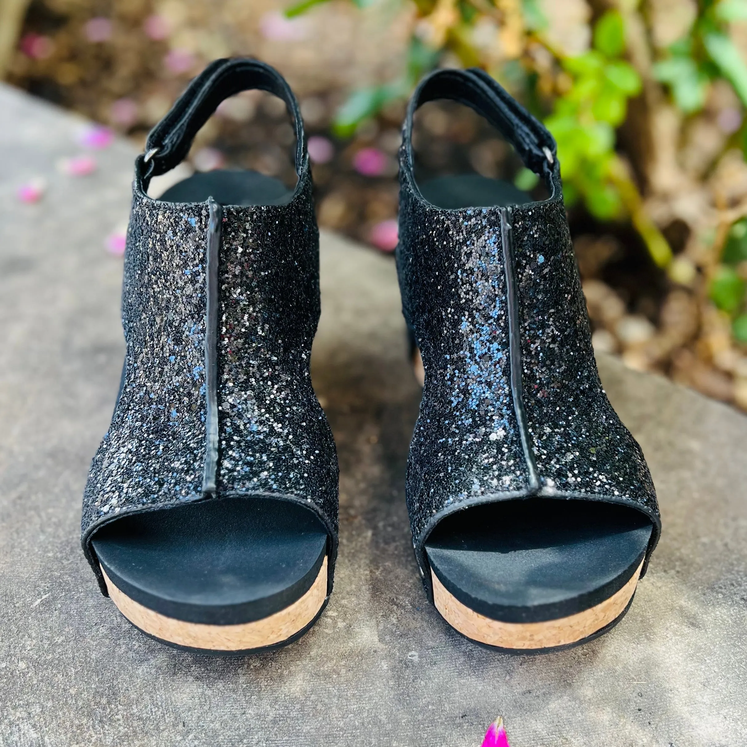 Black Glittered Comfort Wedges