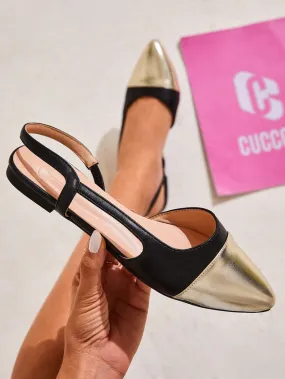 CUCCOO CHICEST Woman Shoes Fashionable Black & Gold Colorblock Non-Slip Flat Shoes With Back Strap For Comfort For Spring And Summer Vacation Shoes Summer Sale