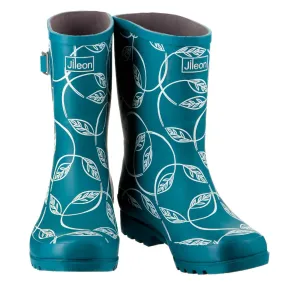 Half Height Teal Leaves Wellies - Wide Foot and Ankle