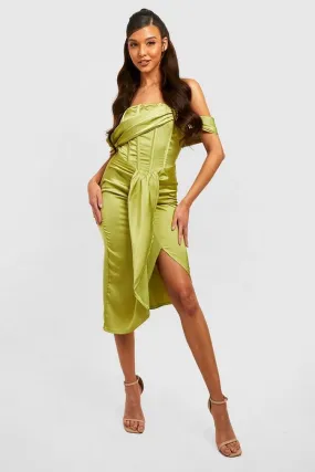 Satin corset bardot drape midi dress in chartreuse